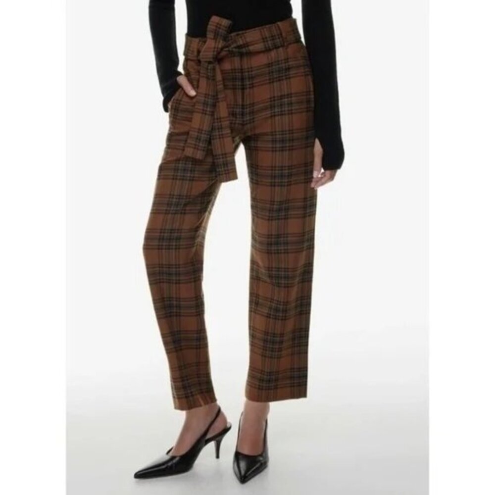 New Aritzia Wilfred Tie Front Plaid Pant Avery Cognac Black 4 $148